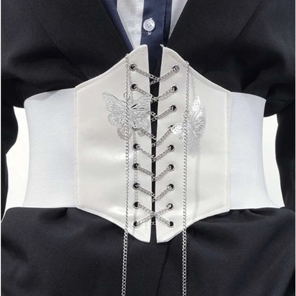 White Leather Chain Butterfly Corset Belt - Picture 1 of 6